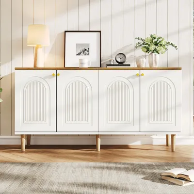 Immagine prodotto di Mobile contenitore laterale Merax con 4 ante e maniglie in metallo dorato, armadio contenitore con design a rilievo 3D, mobile contenitore dall'aspetto legno, bianco