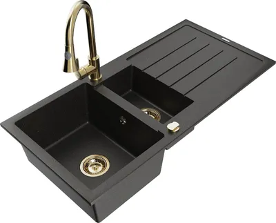 Produktbild von Mexen Andres 1,5-Becken-Granitspüle mit Abtropffläche und Mischbatterie Elia, Schwarz/Gold metallisch - 6515-75-670101-50
