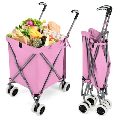 A pink shopping trolley filled with groceries, shown from the front and folded from the side.