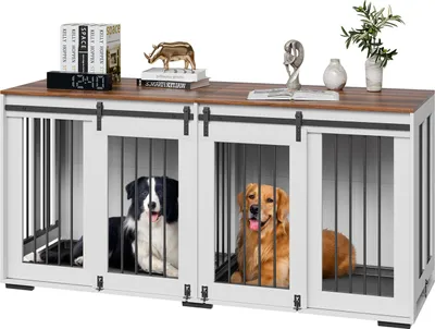 Produktbild von VEVOR Hundekäfig Möbel für 2 Hunde, 1800x600x861mm, Doppel-Hundebox-Möbel mit doppelten Schiebetüren, Hundebox-TV-Ständer, Stahlrahmen, Doppel-Hundebox für kleine, mittelgroße & große Hunde, weiß