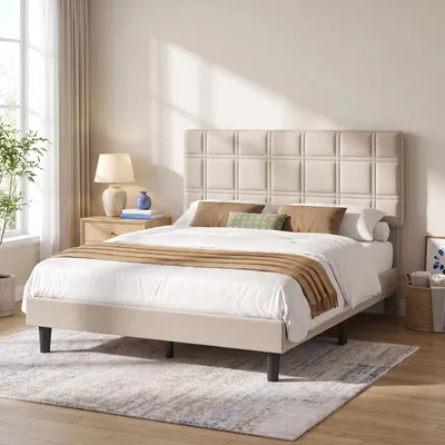 Produktbild von VASAGLE Bettgestell 140 x 200 cm Doppelbett mit Gepolstertem und Verstellbarem Kopfteil Cappuccinobeige