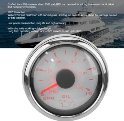 Obrázek produktu pro Ukazatel tlaku oleje, 52 mm/2,0 palce, 10–184 Ω, barevné podsvícení, nastavitelný, univerzální pro automobily, lodě, bílá barva