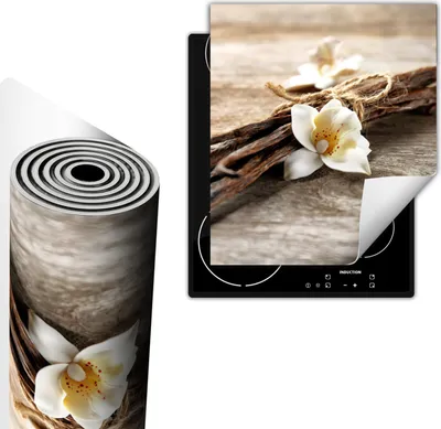 Image de Plaque de recouvrement pour cuisinière 45x52 cm Couverture de plaque vitrocéramique Tapis antidérapant Enroulable, Fleur Bois