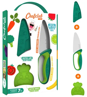 Obrázek produktu pro CHEFCLUB KIDS | nože pro děti | nože v zelené barvě | dětské nože s ochranou prstů, ochranou čepele a ergonomickou rukojetí | dětské kuchyňské nože | kuchyňské náčiní pro děti | pro batolata