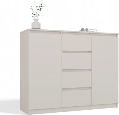 A beige dresser with four drawers and a cabinet door, decorated with a vase of greenery and a pair of glasses on top.
