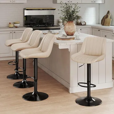 Image de Ensemble de 4 tabourets de bar, tabourets pivotants avec dossier, réglables en hauteur, en similicuir PU, design moderne, idéal pour bar, cuisine ou comptoir, couleur beige
