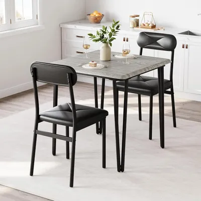 Obrázek produktu pro Sada nábytku pro 2 osoby – jídelní stůl s polstrovanými židlemi – set pro malé prostory – kovová konstrukce – úsporný design – šedá barva