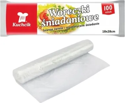 A roll of clear plastic bags for food storage, shown with its packaging.