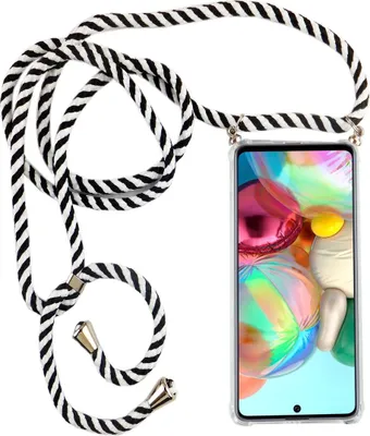Zdjęcie produktu dla Łańcuszek do telefonu Samsung Galaxy A71 - naszyjnik na smartfon z paskiem - sznurek z etui do zawieszenia w kolorze czarnym