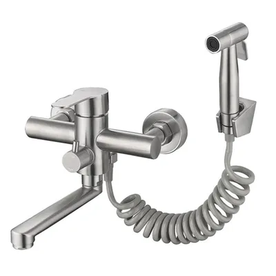 Produktbild von Küchenarmatur Edelstahl, Doppelfunktion, Wandmontage, 360° drehbarer Wasserhahn, mit Spritzpistole