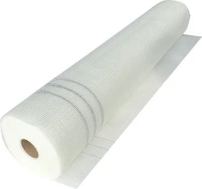 A roll of white fiberglass mesh fabric, commonly used for plaster reinforcement, is shown on a white background.