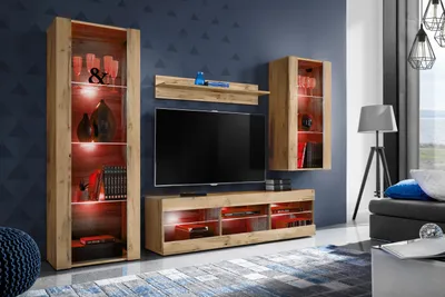 Produktbild von Komodee | Wohnwand mit TV-Schrank und Vitrine Tivoli Set Medio, Korpus Wotan Matt Frontfarbe Wotan Matt, LED RGB