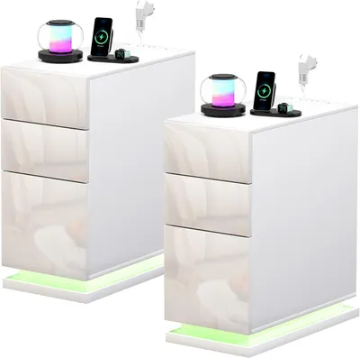 Produktbild von 2x Schmaler Nachttisch mit Steckdose & USB,Nachttisch LED mit 3 Schubladen,Weiß Front Hochglanz Nachtkommode Beistelltisch für Schlafzimmer 50x30x63cm