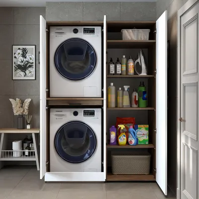 Produktbild von Roomart Waschmaschinenschrank " DORA SET" für Trockner & Waschmaschine, 130 cm breit, in 4 Farben, mit Türen & Ausziehbrett - Weiß - Weiß Eiche - Anthrazit Eiche - Eiche