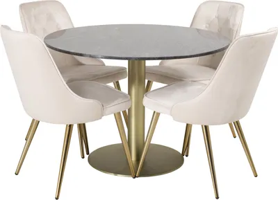 Produktbild von EstelleØ106BLBR Essgruppe Esstisch schwarz, Marmor und 4 Velvet Deluxe Esszimmerstühle Velour beige, Messing Nachbildung.