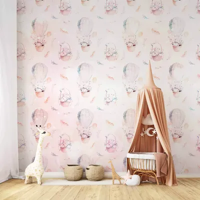 Produktbild von Vlies Fototapete - Solid pattern with feathers - hares in a basket and in a balloon for children 350x245 cm Für Kinder e-C-10006-a-a