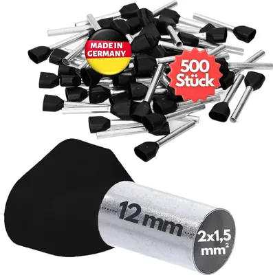 Productafbeelding van 500 stuks Kalitec AET1512SW isolerende adereindhulzen voor dubbele aders, 2x1,5mm², 12mm lang, zwart. Gemaakt in Duitsland, industriële kwaliteit