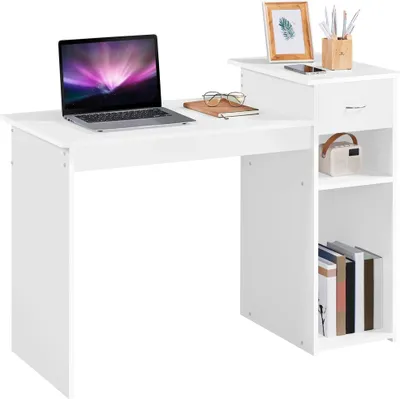 Produktbild von Yaheetech Computertisch Schreibtisch 112 x 82 x 50 cm Bürotisch mit Schublade Arbeitstisch 2 Ablage aus MDF PC Tisch in Weiß