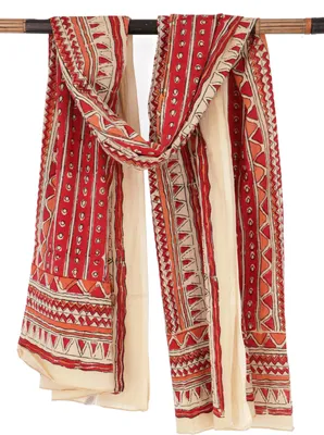 Produktbild von Leichter Pareo Schal, Sarong, Handbedrucktes Baumwolltuch - rot Kombination 28, Uni, Baumwolle, 190*120 cm, Sarongs & Tücher