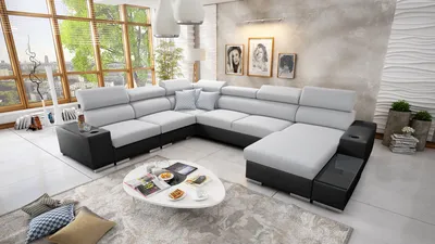 Produktbild von Wohnlandschaft in U-Form PERS VIII Ecksofa Rechts Eckcouch mit Schlaffunktion Grau Stoff SAWANA 84 + schwarzes Kunstleder