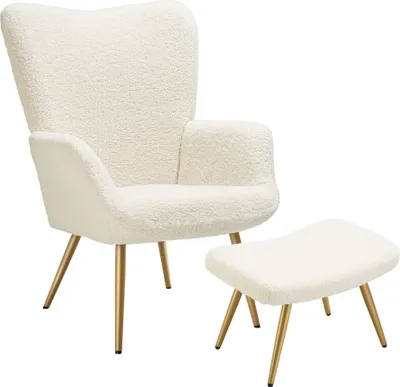 Image de Fauteuil Hygge rembourré, ergonomique, charge maximale 150 kg - Avec tabouret, Bouclé crème/or