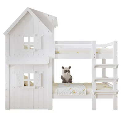 Produktbild von Etagenbett, Kinderbett, Schöne Fenster und Dach, Seitliche Sicherheitsgeländer, Dreistufige gerade Leiter, Stabile Lattenroste,Kiefer + MDF+Sperrholz