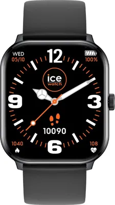 A smartwatch with a black strap and a black face displaying the time, date, battery level, and activity metrics.