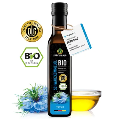 Produktbild von Kräuterland Premium Schwarzkümmelöl, 250ml gefiltert, kaltgepresst, Europas größte Ölmühle im Online-Handel, 22 Jahre Erfahrung, mühlenfrisch, vegan