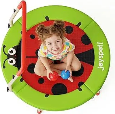 Produktbild von JOY SPOT! Trampolin Kinder Indoor Outdoor, Hai-Motiv Ø91cm Mini Trampolin mit verstellbarer Haltegriff, Faltbares Kindertrampolin bis 45 kg, Fitness Rebounder mit Sicherheitspolster für Kleinkind 3-12