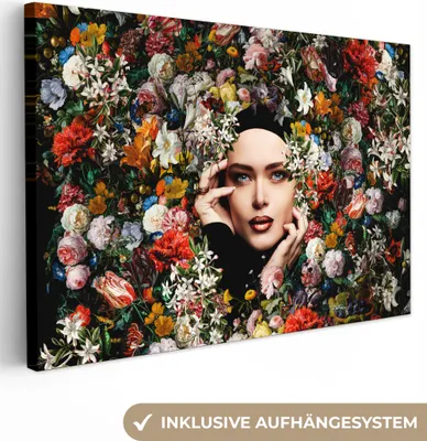 Produktbild von MuchoWow® - Leinwandbilder - Blume - Frauen - Porträt - Botanisch, Wandbild, Wanddeko Bilder Wohnzimmer, 120x80 cm