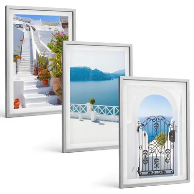 Produktbild von Bilder Set 3-teilig im silbergerahmten Rahmen – Wandbilder 3 Stück – gerahmte Poster für Wohnzimmer, Schlafzimmer und Flur – 40x60 cm – Weiße Treppenpflanzen Seetor