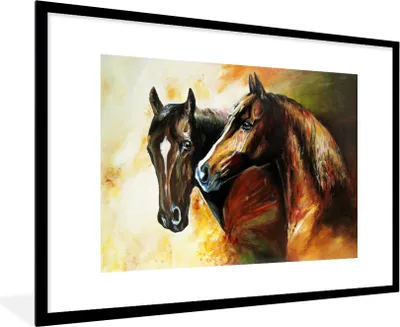 Produktbild von MuchoWow® Gerahmtes Poster Malerei - Pferde - Tiere - Ölgemälde 90x60 cm - Poster mit Schwarzem Bilderrahmen Wandposter Rahmen Foto Bilder - Wanddekoration - Fotos