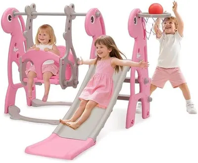 Produktbild von Kleinkindrutsche Set, Indoor Baby Rutsche Kletter Freistehendes Spielset mit Basketball-Reifen & Höhenverstellbare Schaukel (Rosa)