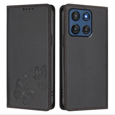 Image de Étui en cuir pour Motorola Moto G Stylus (2026), étui de protection en cuir gaufré motif papillon avec support, noir