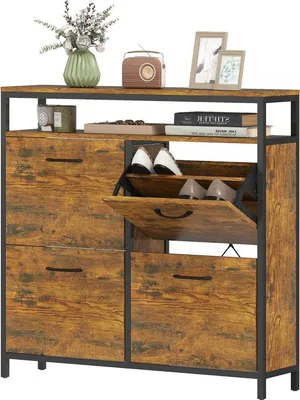 Produktbild von Schuhschrank mit 4 klappbaren Schubladen, schmales Design, offenes Regal, für 12-20 Paar Schuhe, Stahl, Braun
