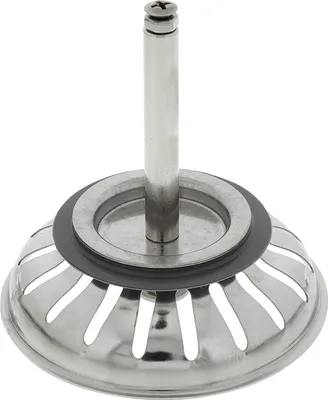 A stainless steel sink strainer basket with a central rod and a rubber gasket.