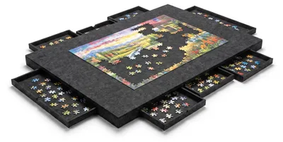 Produktbild von Homeblend Puzzletisch für 1500 Teile – Puzzleunterlage aus Filz mit 6 Schubladen und Deckel – 90 x 63 cm – Grau