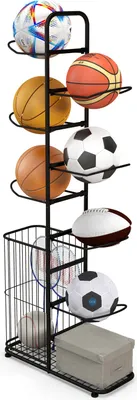 Produktbild von COSTWAY 7-stufiger Ball Lagerregal, Basketballhalter aus Metall mit abnehmbaren Hängestangen & Augbewahrungskorb