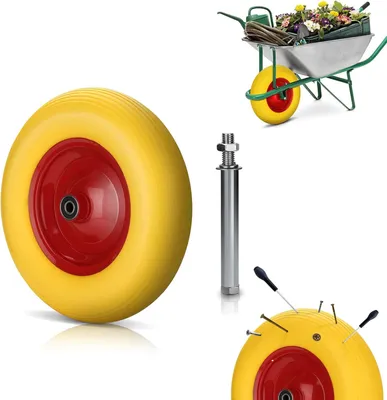 Produktbild von Vollgummirad für Schubkarren, pannensicher, 4.80/4.00-8 Ø 390mm mit Achse, 200kg Tragkraft, Ersatzrad mit Stahlfelge, Gelb/Rot