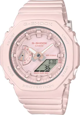 A close-up, front-facing studio shot of a pink Casio G-Shock watch.
