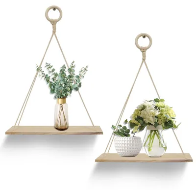2er-Set Hängeregal aus Holz, 35 x 14 cm, rustikal, Wandregal mit Seil