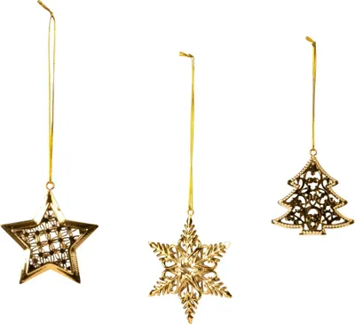 Produktbild von 12 Stück Weihnachtsanhänger Metall Gold Schneeflocke Stern Tanne