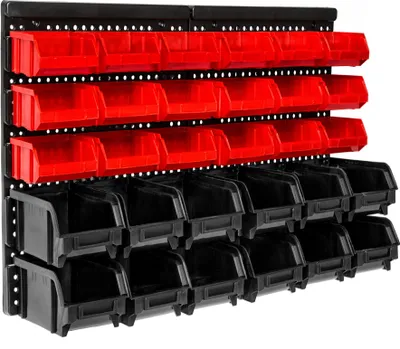 A wall-mounted storage system with red and black bins.