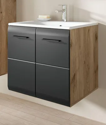Produktbild von Waschbeckenunterschrank MIT Waschbecken "Cover" in schwarz matt und Nox Eiche Waschtisch hängend 60 cm