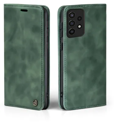 A green flip case for a Samsung Galaxy A72 phone, shown from two angles.