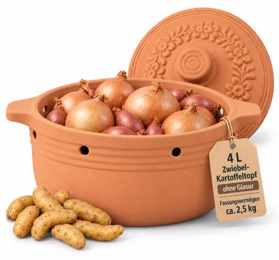 Produktbild von KERAZO 4 Liter Kartoffeltopf rund aus Steingut Keramik mit Deckel, Zwiebeltopf Vorratstopf Gemüsetopf, natur (ohne Glasur)
