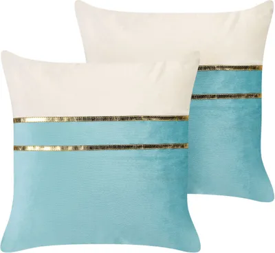 Obrázek produktu pro BELIANI Sada 2 dekorativních polštářů modrá a béžová samet 45 x 45 cm se zlatými pruhy glamour moderní styl obývací pokoj ložnice