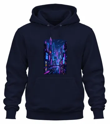 Immagine prodotto di Felpa con cappuccio, stile cyberpunk, ispirata a città futuristiche, neon, fantascienza, Giappone, anni 2000, vaporwave. Colore: blu navy. Taglia: M