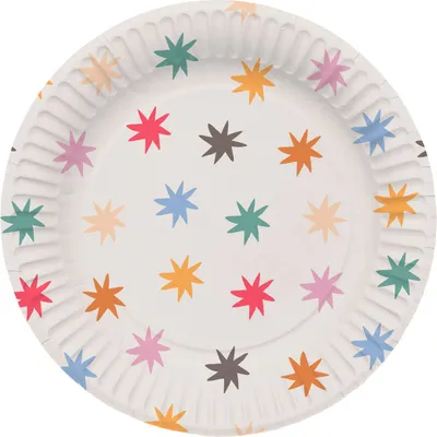 Produktbild von 8 Stück robuste Pappteller, 23 cm Durchmesser, Bunt mit Starbust Design