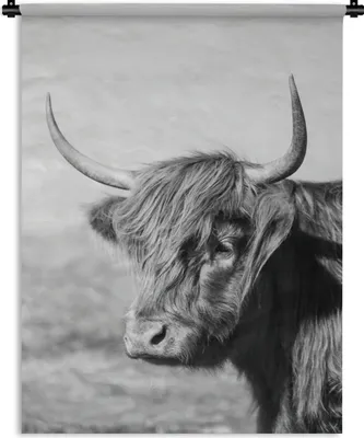 Produktbild von MuchoWow® Wandteppich Wandbehang Schottischer Highlander - Tiere - Schwarz - Weiß 90x120 cm Tapisserie Dekoration Wandtuch - Wanddeko